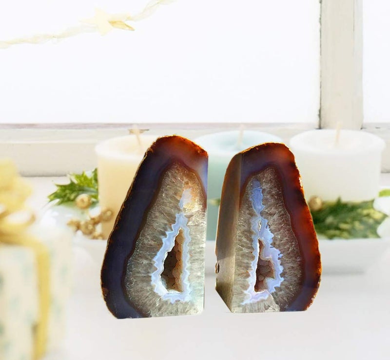 AMOYSTONE Geode Bookends Agate Shelve Decor Crystal Book Ends for Heavy Books Nature Brown with Rubber Bumper(1 Pair, 3-4 LBS) - Image 2